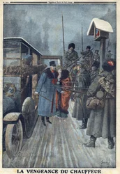 Ensimmäinen maailmansota 1914-1918 (sota 14-18). Itävaltalainen kenraali Skarbonovich joutuu vangiksi venäläiselle leirille, kun kuljettaja halusi kostaa hänen pahoinpitelynsä. "" Le Petite Journal" -lehdessä, 20.2.1916. Yksityinen kokoelma