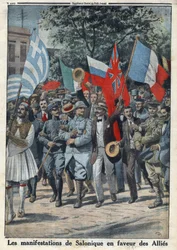 Ensimmäinen maailmansota 1914-1918 (sota 14-18). Mielenosoitukset Salonikissa (tai Thessalonikissa Kreikassa) liittolaisten puolesta. "" Le Petite Journal" -lehdessä, 24.9.1916. Yksityinen kokoelma