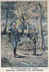 Ensimmäinen maailmansota 1914-1918 (sota 14-18). Nuori venäläinen sotilas Ignatof ranskalaisen armeijan rykmentissä. "" Le Petité Journal" -lehdessä, 21.5.1916. Yksityinen kokoelma