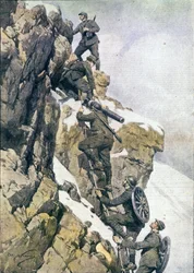 Ensimmäinen maailmansota: "" italialaiset alppimetsästäjät (alpinot tai alpinit) kuljettavat materiaalia Italian Alppien huipulla