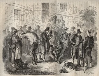 Forcatit myivät omaisuutensa ennen saapumistaan ​​Toulon Bagneen 1800-luvulla. Pierre Zacconen (1817-1895) (1817-1895) (Colonia Penale - Penal Colony) kaiverrus kirjaan ”Vangoitujen historia heidän luomisestaan ​​nykypäivään” (1877). Yksityinen kokoelma.
