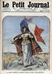 Ranska (Marianne) suojelee kansallislippua epäisänmaallisuudelta - "Le Petit Journal", lokakuu 1909
