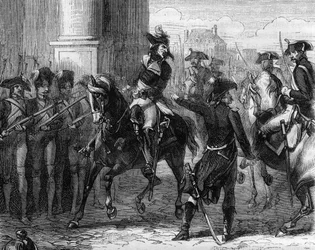 Francois Hanriot (1761-1794), ranskalainen vallankumouksellinen konventin ovella (9 thermidor 1794) - Kaiverrus Alphonse de Lamartinen (1790-1869) "Histoire des Girondins" -kirjaan 1865-1866 - Yksityinen kokoelma