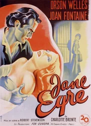 Ranskalainen elokuvajuliste elokuvalle Jane Eyre, jonka on kirjoittanut Charlotte Bronte ja ohjannut Robert Stevenson vuonna 1944, näyttelijät Orson Welles (Edward Rochester) ja Joan Fontaine (Jane). Yksityinen kokoelma.