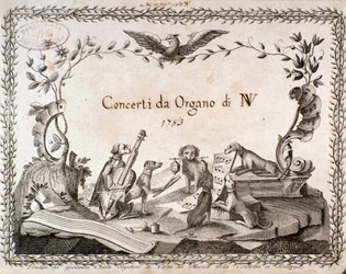 Etukappale nuotituksesta, jossa esitetään soittimia soittavia eläimiä (1783)