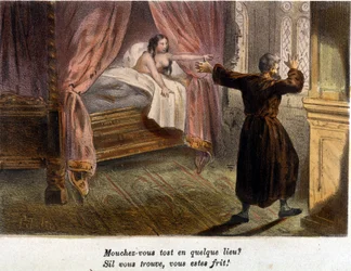 Galantti kohtaus: Munkki, joka on alastoman naisen seurassa vuoteessa ja jonka henkilön saapuminen yllättää, yrittää piiloutua. Värikaiverrus 1800-luvulta.