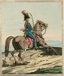 Kenraali Jozef Dwernicki (1779-1857), puolalainen kenraali, joka osallistui marraskuun kansannousuun tai Puolan-Venäjän sotaan 1830-1831 - Nimetön - 1831 - Etsaus, akvarelli - 33,7x26,3 - Yksityiskokoelma