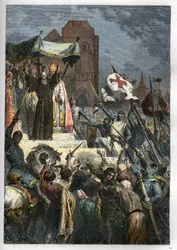 Jumala haluaa sen: Clermontin kirkolliskokouksessa (tänään Clermont Ferrand (Clermont-Ferrand), Auvergne) Pietari Erakko (1050-1115) saarnasi ensimmäistä ristiretkeä ennen paavi Urbanus II:ta