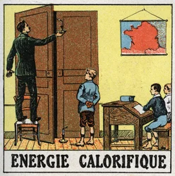 Lämpöenergia: luokkahuoneessa oleva opettaja pitää kynttilää lähellä avointa ovea. Anonyymi kuvitus vuodelta 1925. Yksityiskokoelma.