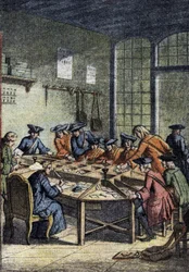 Postin historia: lajitteluhuone Ludvig XV:n vallan alla (1700-luku). Yksityiskohta "" Le petit journal" -julkaisusta 15.4.1920. Yksityinen kokoelma