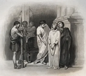Pyhä Voitto, kärsi marttyyrikuoleman Karthagossa Pyhän Saturninin kanssa, vuonna 304. Kaiverrus vuodelta 1846 kirjassa "Pyhien elämää"". Yksityinen kokoelma.