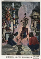 Ihmisuhreja Louisianassa. Kaiverrus "" Le petit Journal" -lehdessä, 21.4.1912. Yksityinen kokoelma.
