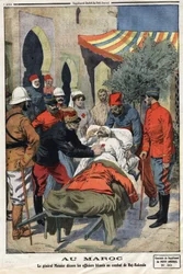 Marokossa kenraali Moinier koristelee Kunnialegionin ristillä Haj Rakoulan (HajRakoulan) taistelussa haavoittuneita upseereita. Kaiverrus "" Le Petite Journal" -kirjaan 21.7.1912. Yksityinen kokoelma.