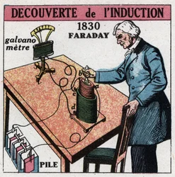 Induktio: Michael Faraday (1791-1867) löysi induktion vuosina 1830-1831 käyttämällä paristoa ja galvanometriä. Anonyymi kuvitus vuodelta 1925. Yksityiskokoelma.