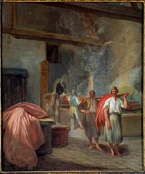 Les Gobelins Anonymous -maalauksen värjäyspajan sisustus. 1760. Mitat 0,37 x 0,30 m Pariisi, Musee Carnavalet