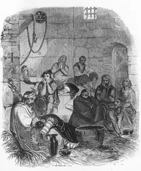 Inkvisition vankilan sisätilat - kuvitus "Inkvisition mysteereistä ja muista Espanjan salaseuroista" Victor de Fereal, Suberwick, Manuel Galo de Cuendias. Julkaisija P. Boizard