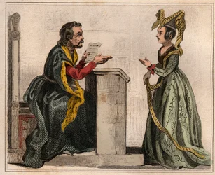 Jehan Pastoret (1328-1405), Pariisin parlamentin presidentti Kaarle V:n hallinnon aikana jalo naisen kanssa liripionissa. Kaiverrus vuodelta 1859 Le Mondessa. Kaikkien kansojen historia kaukaisimmista ajoista nykypäivään." Kirjailija: M. E. de Lostal