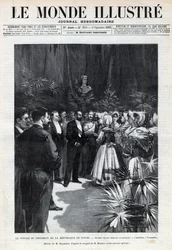 Sadi Carnotin (1837-1894) matka Savojaan: Tasavallan presidentti toivottaa Chamberyyn tervetulleeksi nuoret tytöt tarjoamalla hänelle kukkakimpun. Sanomalehti. Kaiverrus "Le monde illustree" -kirjaan vuodelta 1892. Yksityinen kokoelma.