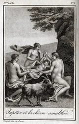 Jupiter-lapsi, jota ruokkii vuohi Amalthee. Kaiverrus vuodelta 1819 Charles Albert Demoustier
