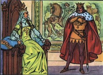 Ranskan kuningas Ludvig X the Hutin (1289-1316) ja Burgundin Margarita (1290-1315). Nimetön kuva ""Ranskan hallitsijoiden ja valtionpäämiesten kokoelma"". 20. vuosisata. Yksityinen kokoelma.