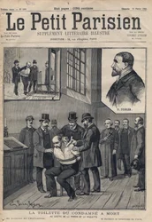La Toilette du convicne kuolemasta (Deibler) de la Roquetten vankilan kirjaamossa - Kaiverrus kirjaan "" Le petit Parisien" vuodelta 1891. Yksityinen kokoelma.