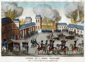 Napoleon I:n armeija valtasi Moskovan 14. syyskuuta 1812 - Grande Armee saapuu Moskovan kaupunkiin - Anonymous - 1812 - Etsaus, akvarelli - 23,4x28,6 - Yksityiskokoelma