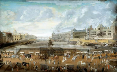 Pont Neuf nähtynä Place Dauphinen sisäänkäynniltä, Quai Malaquais ja Collège des Quatre-Nations sekä Grande Galerie ja Louvre. 1669. Pariisi, Musée Carnavalet