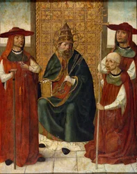 ""Kardinaali Pedro Gonzalez de Mendoza rukoilee Pyhän Pietarin rinnalla" (kardinaali Pedro Gonzalez de Mendoza (1428-1495) rukoilee Pyhän Pietarin edessä) Anonyymi maalaus 1490-1495 Museo del Prado, Madrid