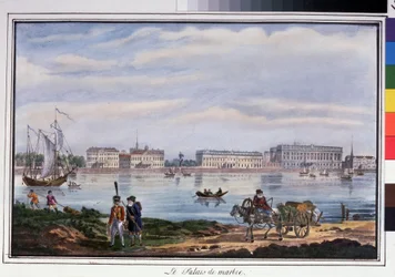 Marmoripalatsi ja Neva-ranta Pietarissa. Nimetön litografia, akvarellivärinen, 22 x 32 cm