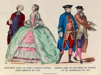Vasemmalla: Elegantti suurella korimekolla, mondain abbe 1760/oikealla: Nuoret miehet metsästys- ja kävelypuvussa 1760 (kuningas Ludvig XV:n hallitus) - yksityinen kokoelma