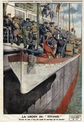 Pelastusveneharjoitus laivalla RMS Titanicin uppoamisen jälkeen 15. huhtikuuta 1912, kuvitus ranskalaisesta Le petit Journal -lehdestä, 2. kesäkuuta