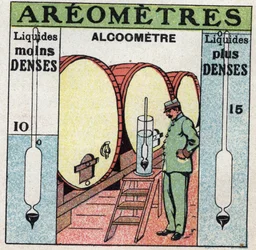 Nestetasapaino: mittaa alkoholin tiheyden alkoholometrillä (aerometri käyttää alkoholia). Anonyymi kuvitus vuodelta 1925. Yksityiskokoelma.