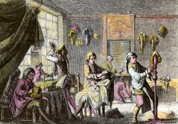 Ludvig XV:n muoti: näkymä peruukkikampaajan sisätiloihin. Kaiverrus noin 1755. Yksityinen kokoelma
