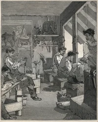 Kampien valmistus työpajassa Ranskassa 1800-luvulla. Kaiverrus vuodelta 1885 kirjassa "Les arts et metiers illustres", kirjoittanut Adolphe BITARD.