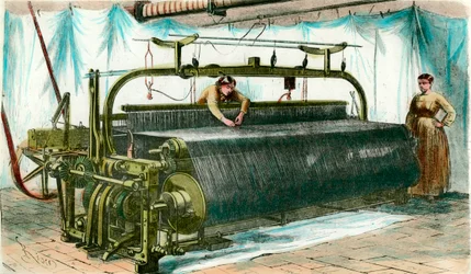 Metier mekaaniseen kutomiseen suuressa tehtaassa. Kaiverrus noin 1860.
