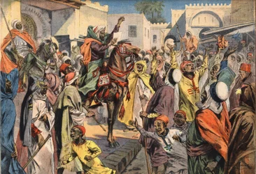 Mouley Hafid (Moulay-Hafid) julistaa sulttaaniksi Fezille: julkiset huutajat ilmoittavat julistuksen joukolle. Kaiverrus sanomalehdestä "" Le Petite Parisien", 26/01/1908. Yksityinen kokoelma.