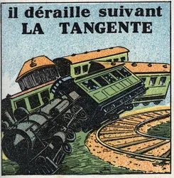 Liikkeet: tangentti. Junan suistuminen raiteilta. Nimetön kuvitus vuodelta 1925. Yksityinen kokoelma.