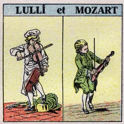 Soittimet: hierotut jousisoittimet. Jean Baptiste Lully (Giovanni Battista Lulli) (1632-1687) ja Wolfang Amadeus Mozart (1756-1791) soittavat viulua. Anonyymi kuvitus vuodelta 1925. Yksityiskokoelma.