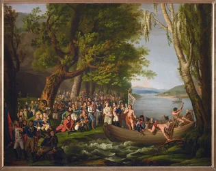 Napoleon traverse le Styx et rejoint les heros de la Grande Armee - Napoleon ylittää Styxin ja liittyy Grande Armeen sankareihin, jotka kuolivat Ranskan puolesta, Anonymous. Öljy kankaalle. Mitat: 64x79 cm. Yksityinen kokoelma