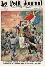 Kansallinen sotilasilmailuliike: koko Ranska yhdistyy yhteisen isänmaallisen tunteen vallassa, jotta maamme säilyttäisi ilmaherruuden. Kaiverrus "Le Petit Journal" -lehdessä 10/03/1912. Yksityiskokoelma.