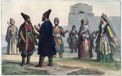 Persialainen vaatetus 1800-luvulla - kaiverrus teoksesta "Usi e Costumi di Tutti i Popoli dell