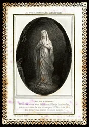Hurskas kuva: "" Notre Dame de Lourdes"" Dentelee-kortti. 1800-luvulla. Yksityinen kokoelma