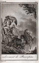 Pluto (Hades) vie Persephonen (Proserpine) äitinsä Ceresin (Demeter) eteen ja vie hänet alamaailman valtakuntaan. Pluto kuljettaa Persefonen valtakuntaansa, kreikkalaisen mytologian alamaailmaan. Kaiverrus vuodelta 1819 kirjassa ”Lettres a Emilie s