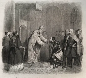 Paavi Pyhä Pius V (Pius tai Pio) (1566-1572) vastaanottaa Lepanten taistelun voittajan. Kaiverrus vuodelta 1846 kirjassa "Pyhien elämää". Yksityinen kokoelma.