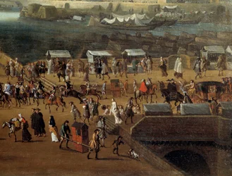 Portterituolit ja väkijoukko Pont Neufilla Pariisissa 1600-luvulla Yksityiskohta. Anonyymi maalaus. Pariisi, Musee Carnavalet