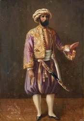 ""Ruotsin kuninkaan Kaarle XV:n (1826-1872) muotokuva turkkilaisessa puvussa" (Ruotsin kuninkaan Kaarle XV:n muotokuva turkkilaisessa mekossa) Nimetön maalaus 1800-luku Dim 28,5x20,5 cm Yksityiskokoelma