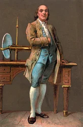 BENJAMIN FRANKLINin (1706-1790) muotokuva yhdysvaltalainen kirjailija, kustantaja, tiedemies, keksijä, valtiomies ja diplomaatti. Kromolitografia Yksityinen kokoelma