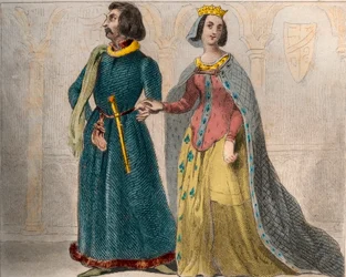 Muotokuva Ranskan kuningattaresta Charlotte de Savoie (1441-1483) yhdessä Ranskan Ludvig XI:n kanssa, joka tunnetaan nimellä Varovainen (1423-1483). Kaiverrus vuodelta 1859 Le Mondessa. Kaikkien kansojen historia kaukaisimmista ajoista nykypäivään." kirjoi