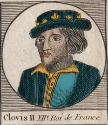 Muotokuva Clovis II:sta, frangien kuninkaan (v.633-657) - Clovis II:n (n.634-657), Merovingien frankkien Neutrian ja Burgundin kuninkaan (639-657) muotokuva - kaiverrus "" Instruction sur l