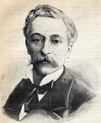 Ranskalaisen poliitikon Edouard Lockroyn (1838-1913) muotokuva. Kaiverrus "" Pieni pariisilainen "" 1893.